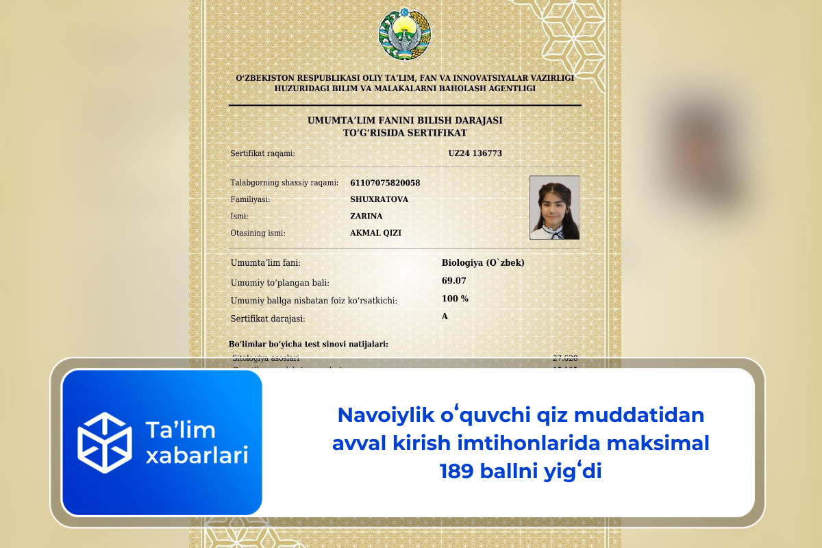Navoiylik oʻquvchi qiz muddatidan avval kirish imtihonlarida maksimal 189 ballni yigʻdi