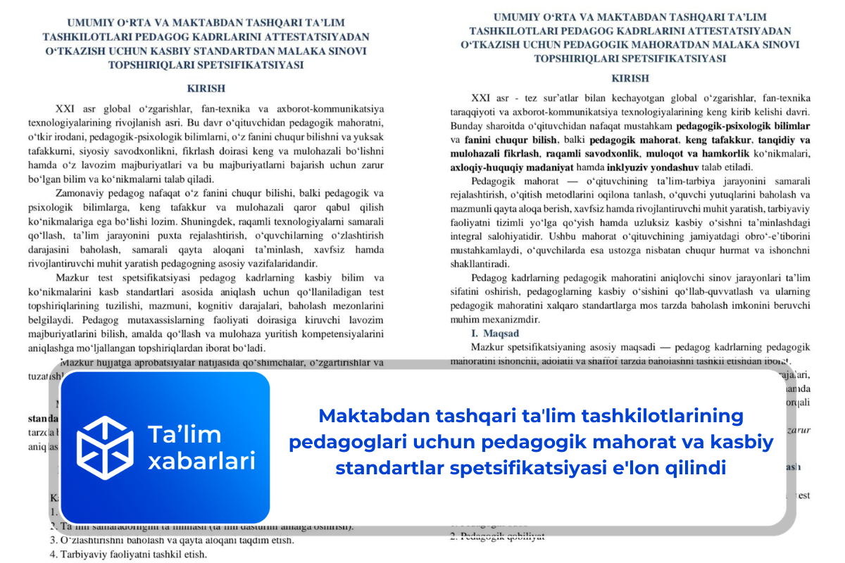 Maktabdan tashqari taʼlim tashkilotlarining pedagoglari uchun pedagogik mahorat va kasbiy standartlar spetsifikatsiyasi e’lon qilindi