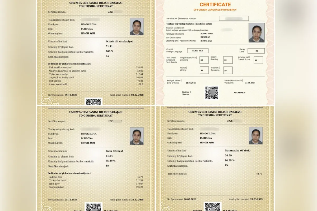 Parkentlik 11-sinf o‘quvchisi bir nechta fanlardan milliy sertifikat olib, muddatidan oldin talaba bo‘ldi