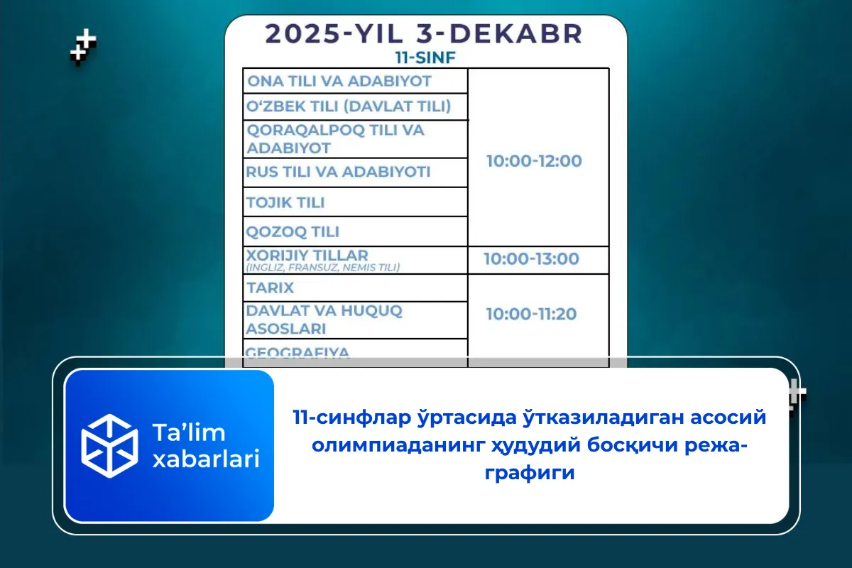 11-синфлар ўртасида ўтказиладиган асосий олимпиаданинг ҳудудий босқичи режа-графиги