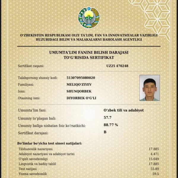 Андижонлик 11-синф ўқувчи йигит муддатидан олдин 189 балл билан давлат грантини нақд қилди