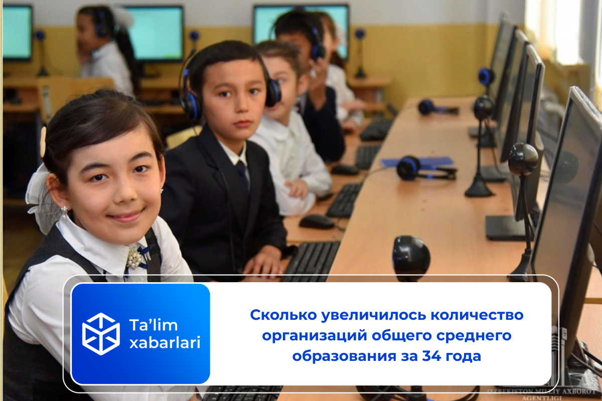 Сколько увеличилось количество организаций общего среднего образования за 34 года