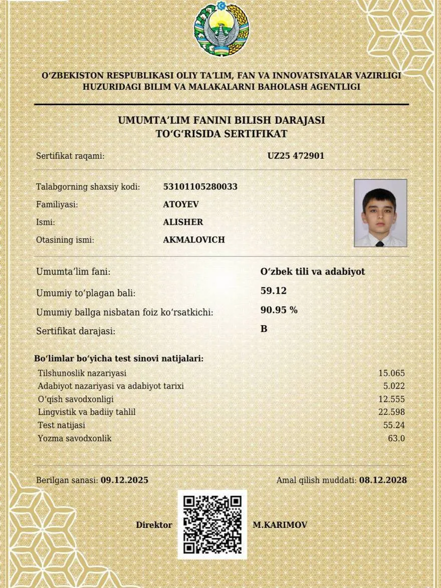 “Bir kunda 11 soatlab dars qilgan paytlarim boʻlgan” — Buxoroda 10-sinf oʻquvchi muddatidan oldin 178 ballni qoʻlga kiritdi