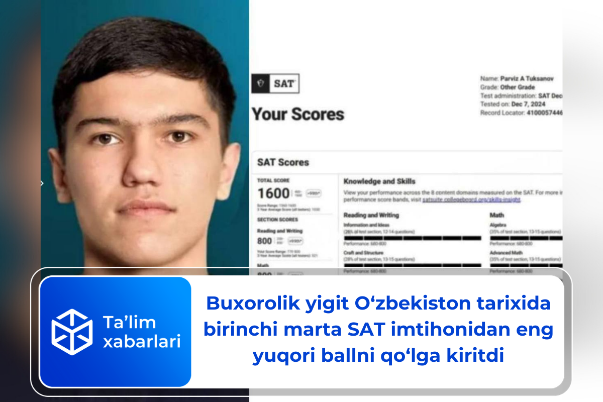 Buхorolik yigit O‘zbekiston tarixida birinchi marta SAT imtihonidan eng yuqori ballni qo‘lga kiritdi