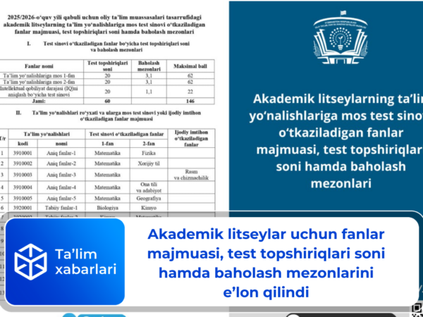 Akademik litseylar uchun fanlar majmuasi, test topshiriqlari soni hamda baholash mezonlarini e’lon qilindi