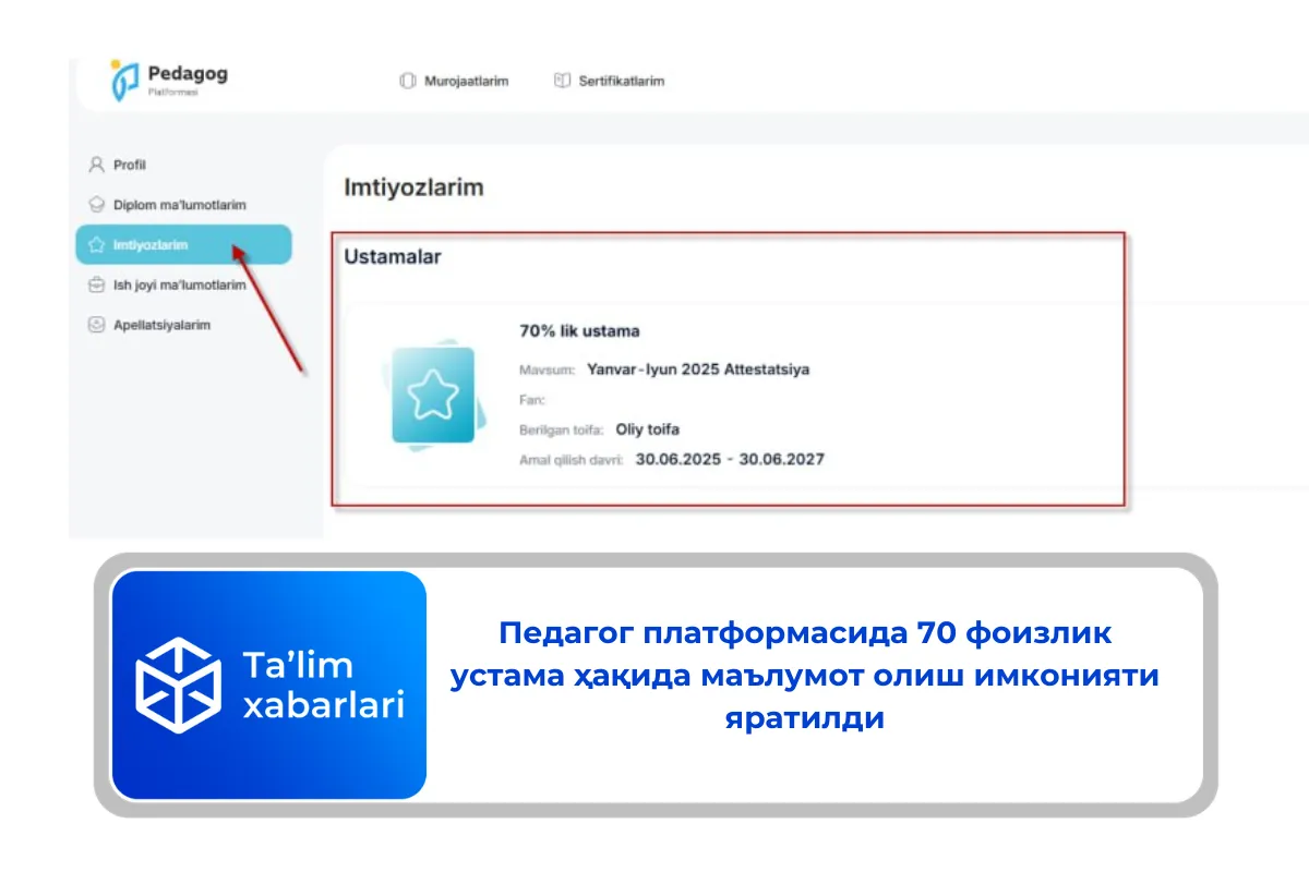 Педагог платформасида 70 фоизлик устама ҳақида маълумот олиш имконияти яратилди
