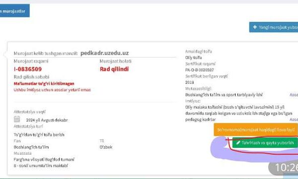 Rad qilingan murojaatlarni tahrirlab qayta yuborish 25-oktyabrga qadar davom etadi