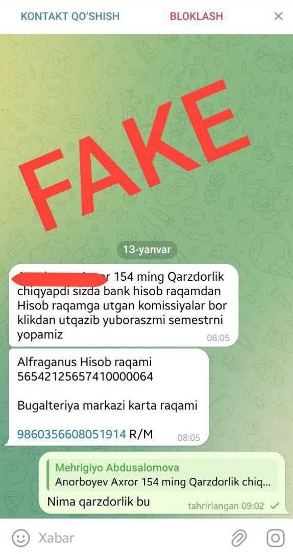 Talabalarga firibgarlar tomonidan "qarzdorligingiz bor" deya xabarlar yuborilmoqda