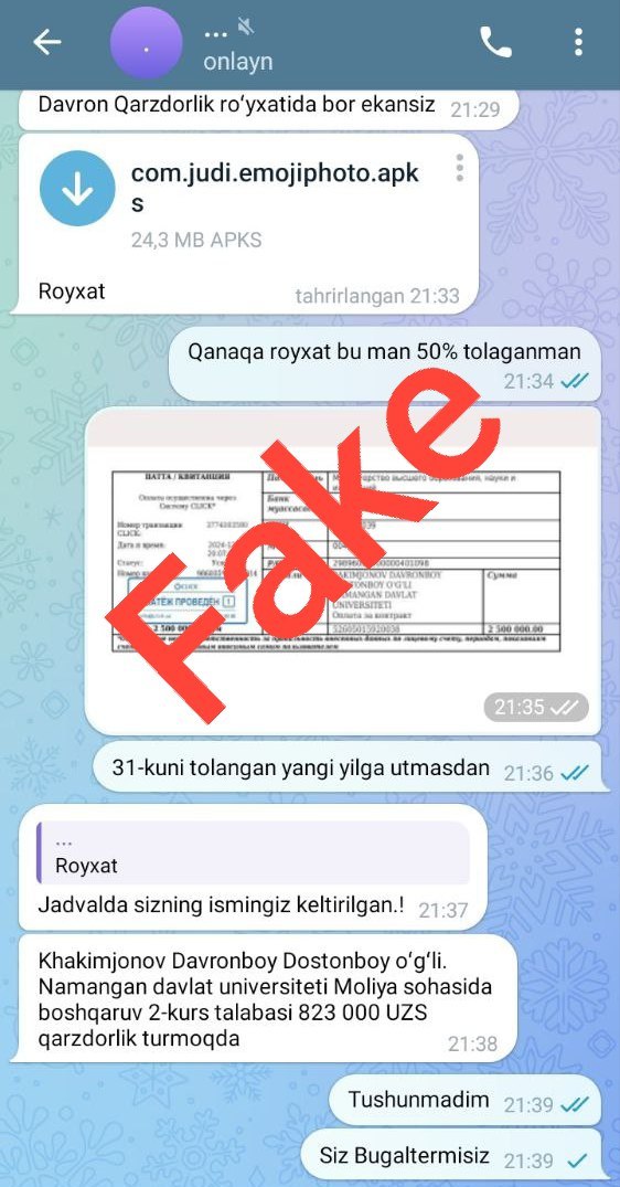 Talabalarga firibgarlar tomonidan "qarzdorligingiz bor" deya xabarlar yuborilmoqda