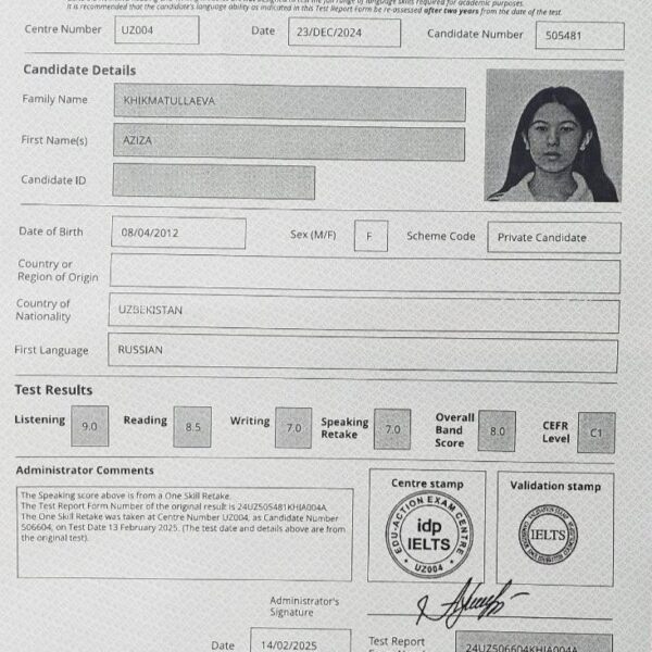 12 yoshli qiz IELTS dan 8 natijani qoʻlga kiritdi