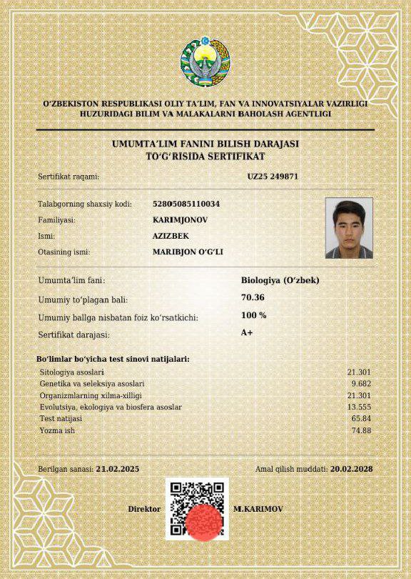 Andijonda yana bir 10-sinf oʻquvchi kimyo va biologiya fanlaridan A+ darajasini oldi