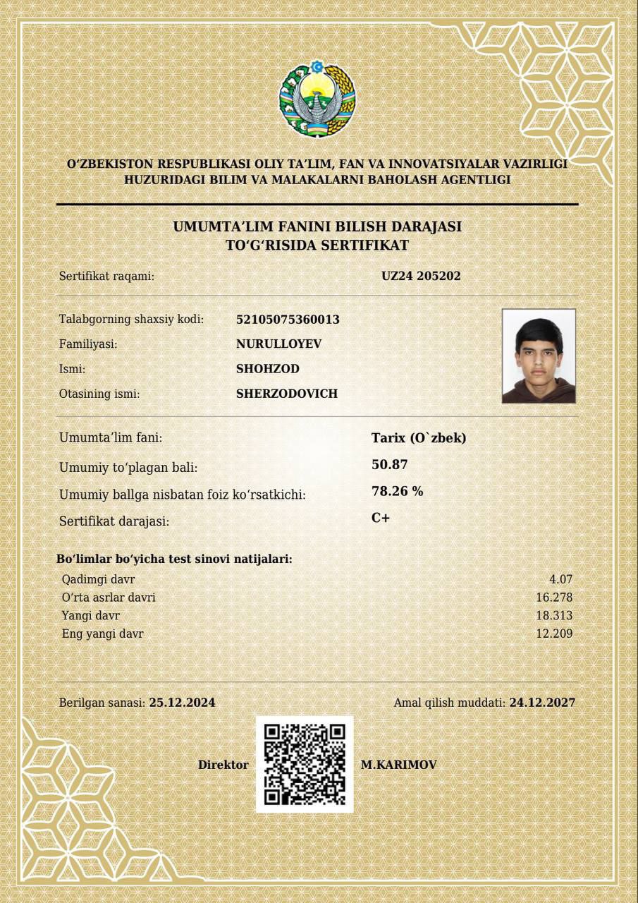 Yana bir oʻquvchi muddatidan avval kirish imtihonlarida maksimal 189 ballni yigʻdi