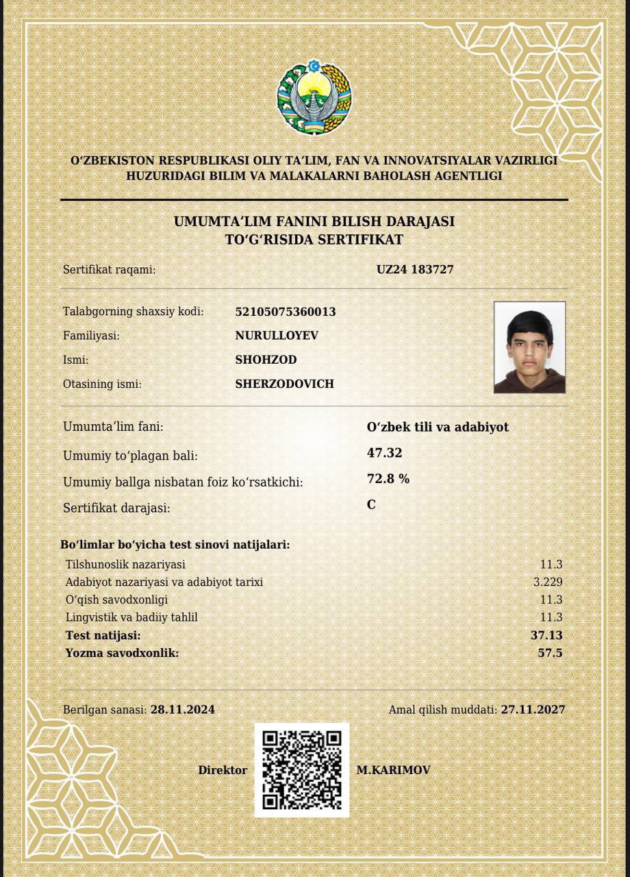 Yana bir oʻquvchi muddatidan avval kirish imtihonlarida maksimal 189 ballni yigʻdi