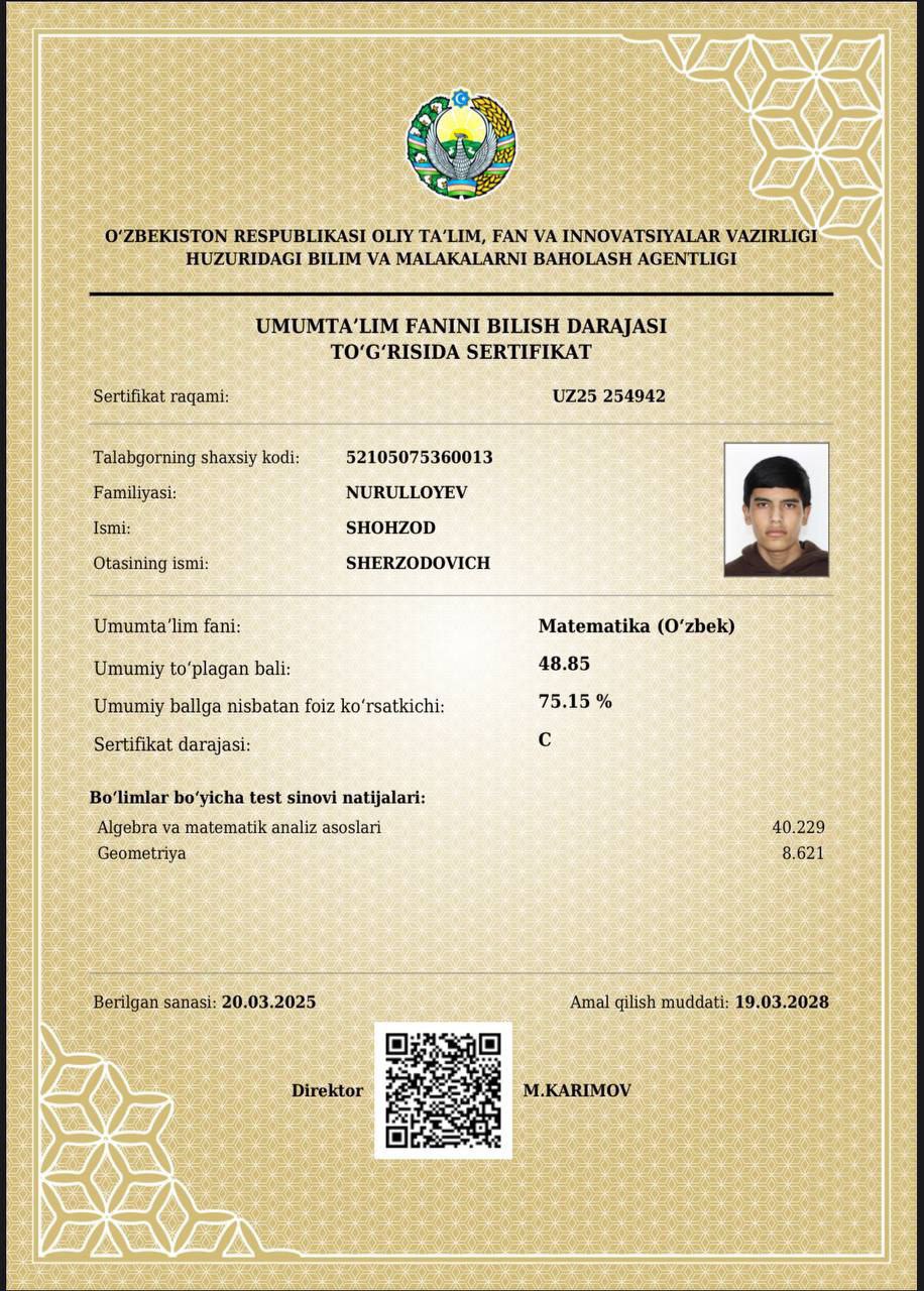 Yana bir oʻquvchi muddatidan avval kirish imtihonlarida maksimal 189 ballni yigʻdi