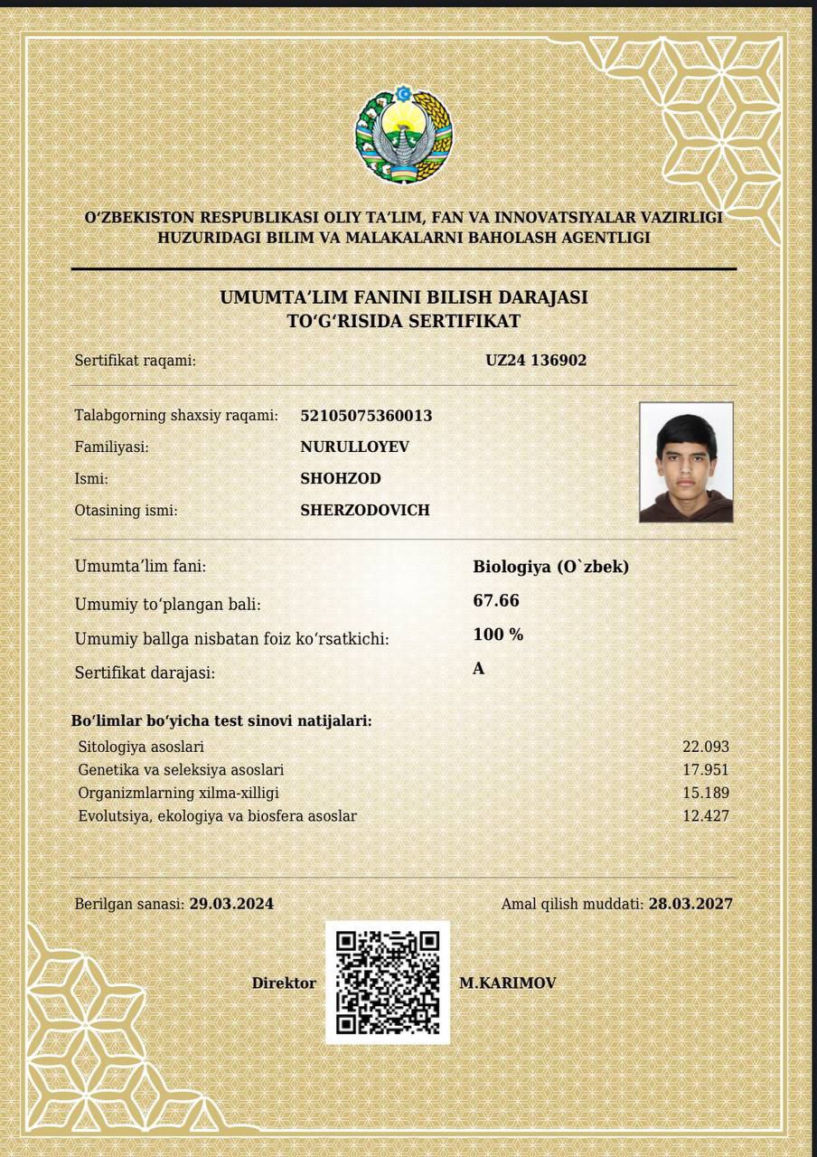 Yana bir oʻquvchi muddatidan avval kirish imtihonlarida maksimal 189 ballni yigʻdi