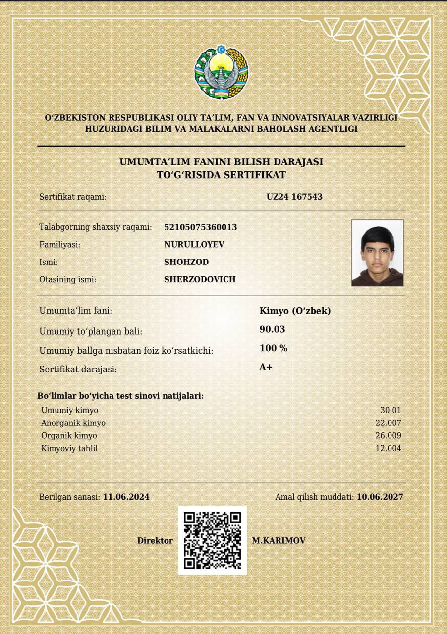 Yana bir oʻquvchi muddatidan avval kirish imtihonlarida maksimal 189 ballni yigʻdi