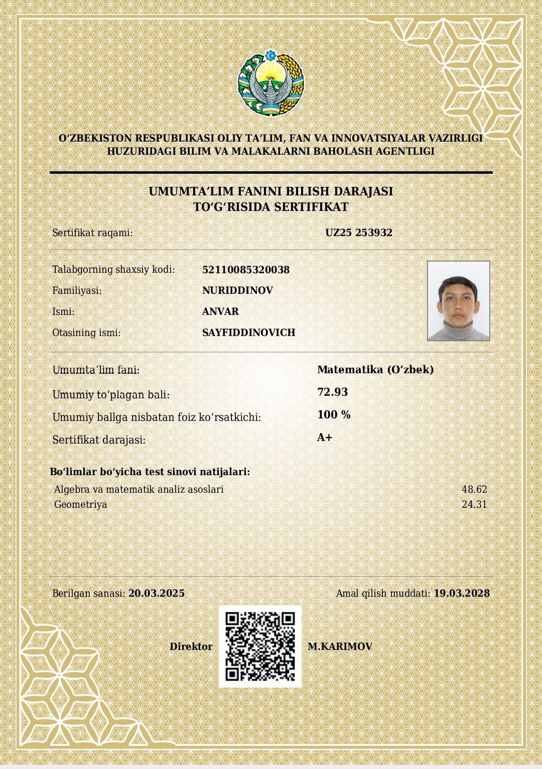 Buxorolik oʻquvchilar muddatidan avval kirish imtihonlaridan maksimal 189 ball yigʻdi