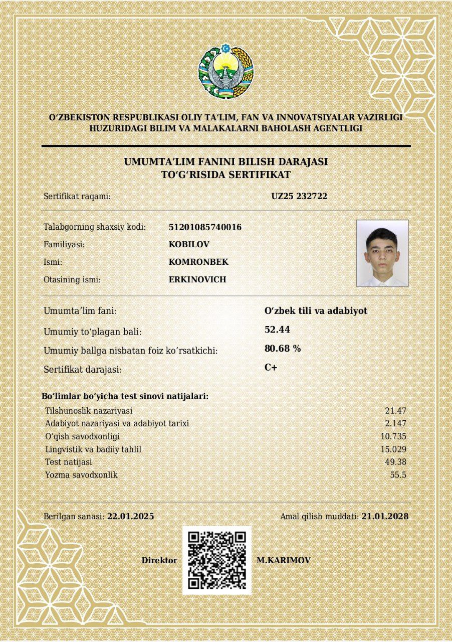 Yana bir qashqadaryolik oʻquvchi maksimal 189 ballni muddatidan avval qoʻlga kiritdi