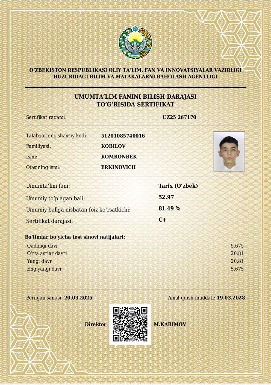 Yana bir qashqadaryolik oʻquvchi maksimal 189 ballni muddatidan avval qoʻlga kiritdi