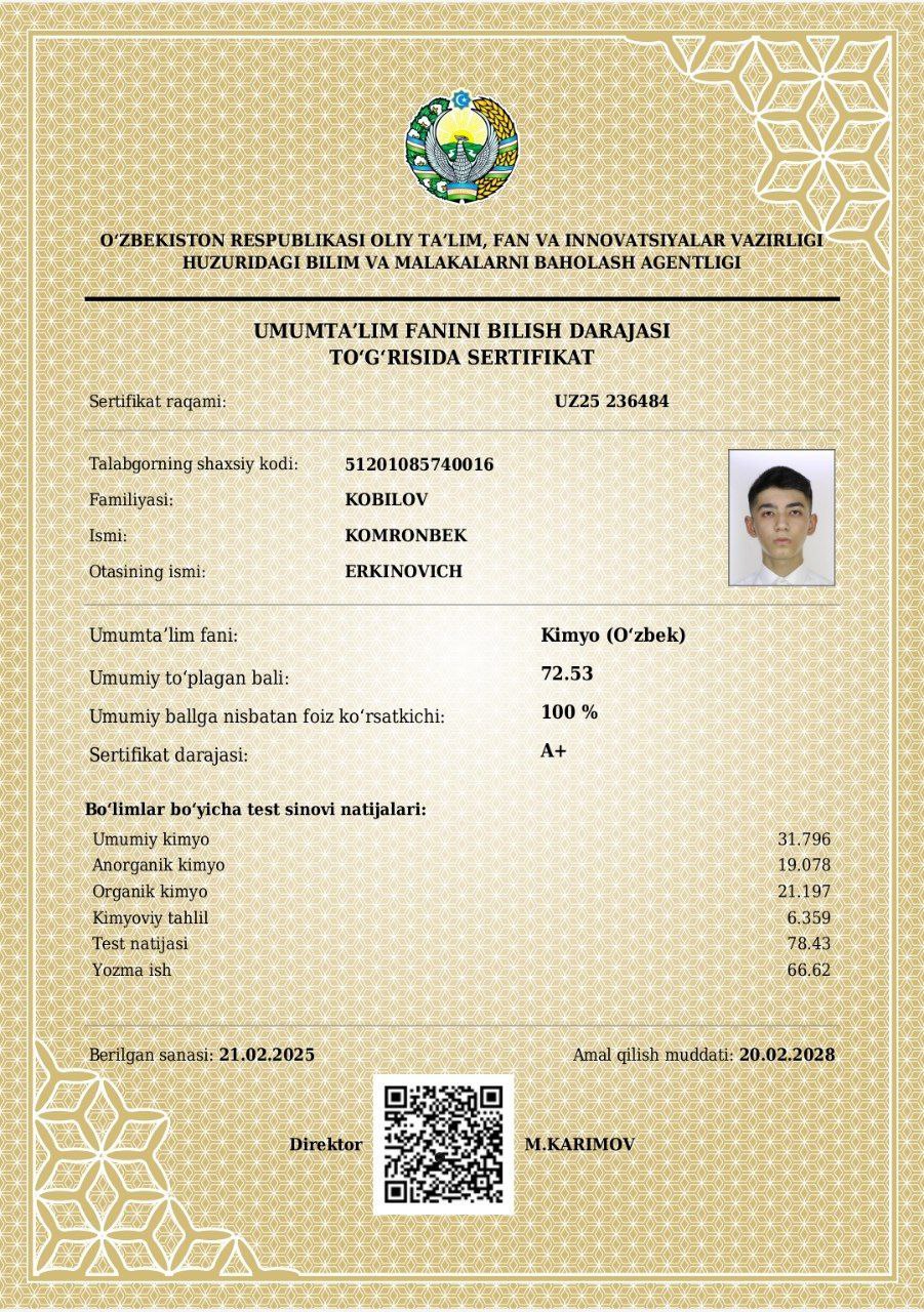 Yana bir qashqadaryolik oʻquvchi maksimal 189 ballni muddatidan avval qoʻlga kiritdi