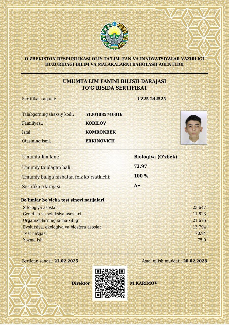 Yana bir qashqadaryolik oʻquvchi maksimal 189 ballni muddatidan avval qoʻlga kiritdi