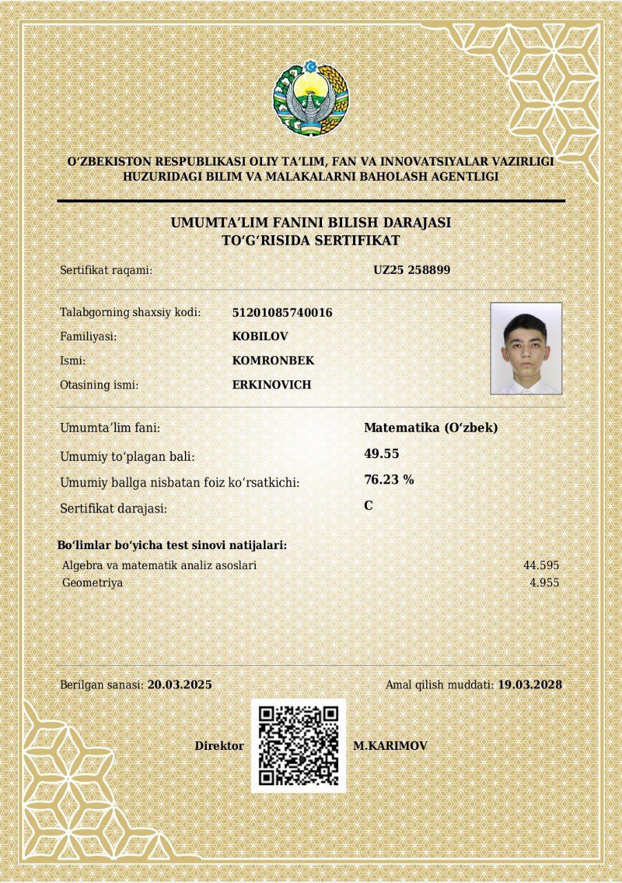 Yana bir qashqadaryolik oʻquvchi maksimal 189 ballni muddatidan avval qoʻlga kiritdi