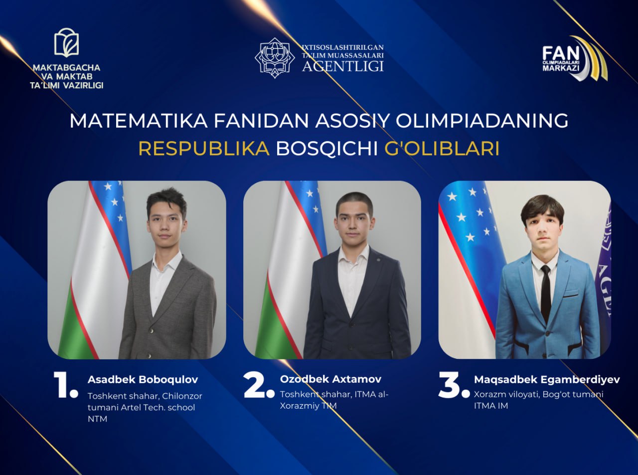 Asosiy olimpiadaning Respublika bosqichi aniq fanlar boʻyicha g'oliblari aniqlandi