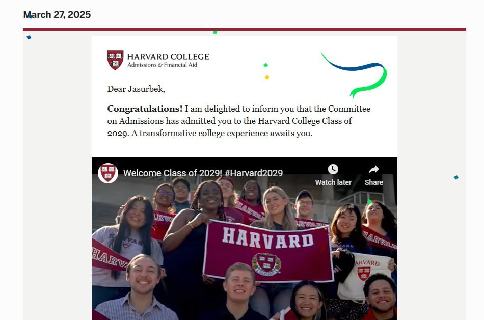 O‘zbekistonlik yana bir o‘quvchi Garvard oliygohiga o‘qishga qabul qilindi