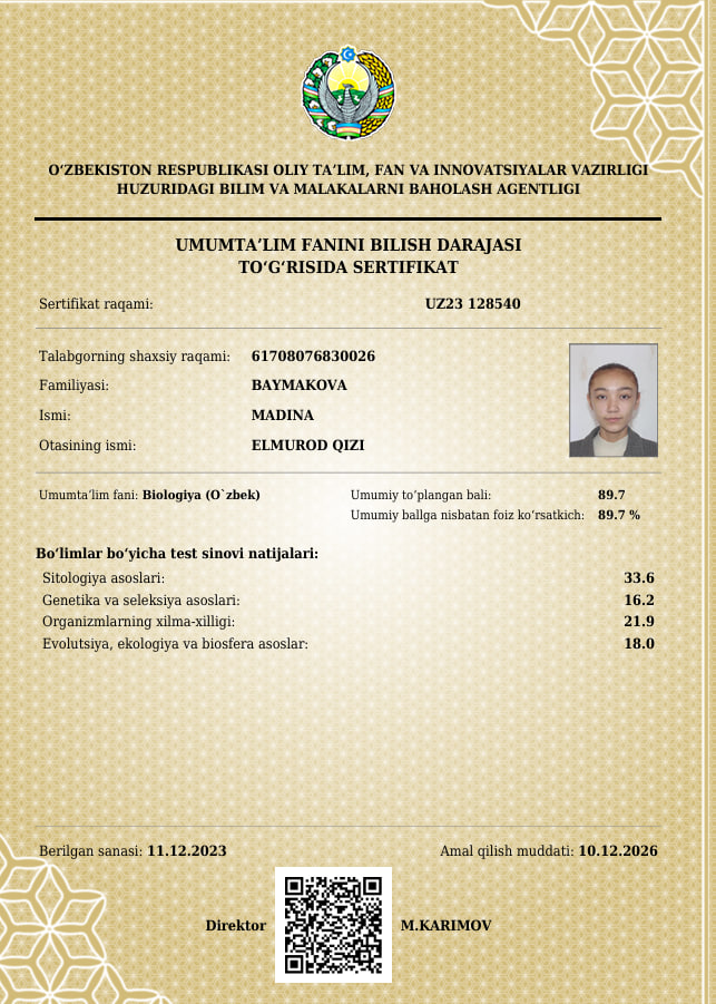 Toshkentlik oʻquvchi qiz tibbiyot yoʻnalishida muddatidan oldin maksimal 189 ballni qoʻlga kiritdi