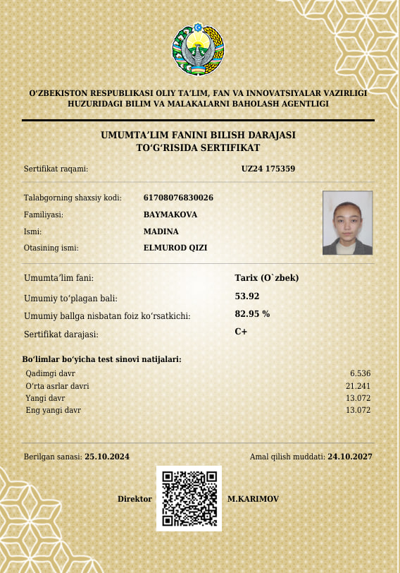 Toshkentlik oʻquvchi qiz tibbiyot yoʻnalishida muddatidan oldin maksimal 189 ballni qoʻlga kiritdi
