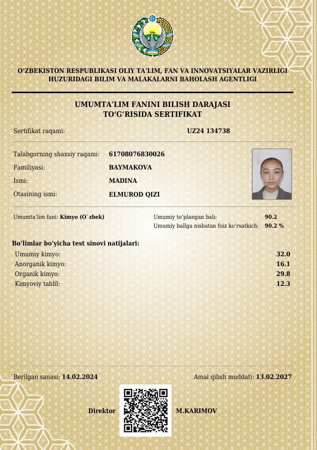 Toshkentlik oʻquvchi qiz tibbiyot yoʻnalishida muddatidan oldin maksimal 189 ballni qoʻlga kiritdi