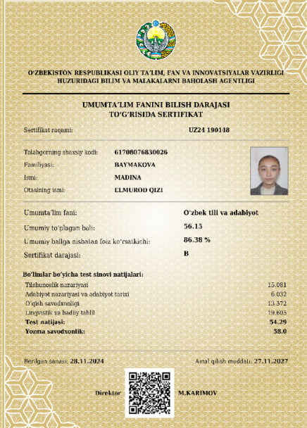 Toshkentlik oʻquvchi qiz tibbiyot yoʻnalishida muddatidan oldin maksimal 189 ballni qoʻlga kiritdi