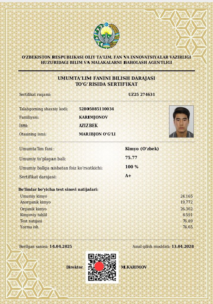 Andijonda yana bir 10-sinf oʻquvchi kimyo va biologiya fanlaridan A+ darajasini oldi