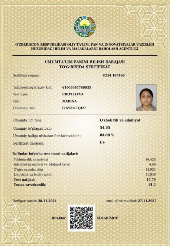 Navoiyda 10-sinf o‘quvchisi milliy va xorijiy sertifikat bilan muddatidan oldin talaba bo‘ldi