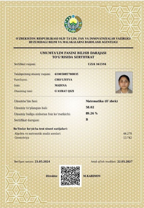 Navoiyda 10-sinf o‘quvchisi milliy va xorijiy sertifikat bilan muddatidan oldin talaba bo‘ldi