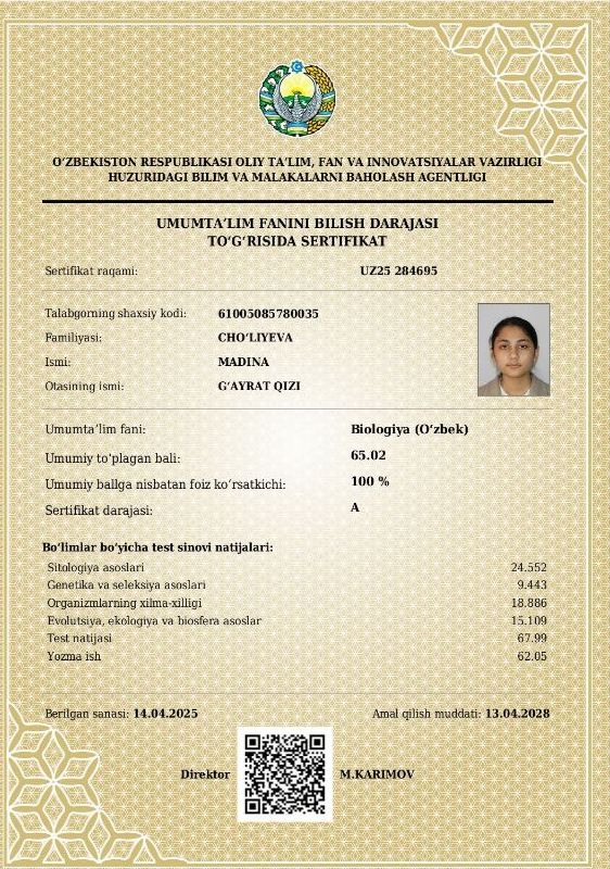 Navoiyda 10-sinf o‘quvchisi milliy va xorijiy sertifikat bilan muddatidan oldin talaba bo‘ldi