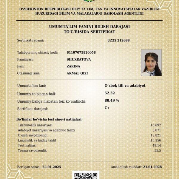 Navoiylik oʻquvchi qiz muddatidan avval kirish imtihonlarida maksimal 189 ballni yigʻdi