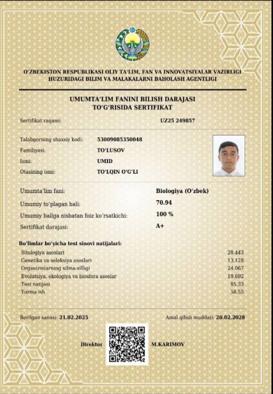 Yana bir 10-sinf o‘quvchisi kimyo va biologiya fanlaridan yuqori darajani qo‘lga kiritdi