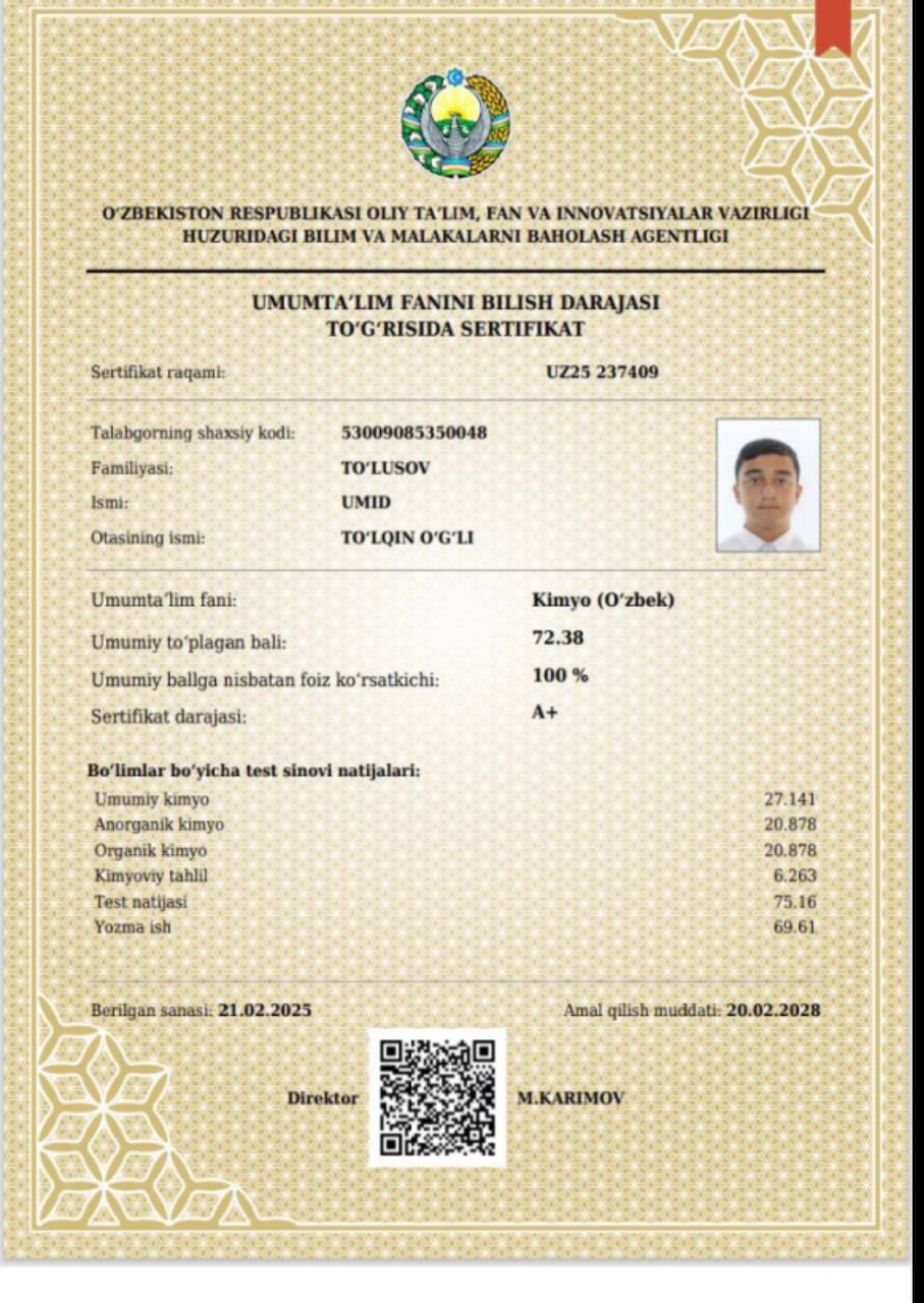 Yana bir 10-sinf o‘quvchisi kimyo va biologiya fanlaridan yuqori darajani qo‘lga kiritdi