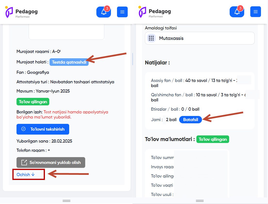 Endi pedagoglar toifa sinovida berilgan javoblarini tekshirib koʻrishlari mumkin