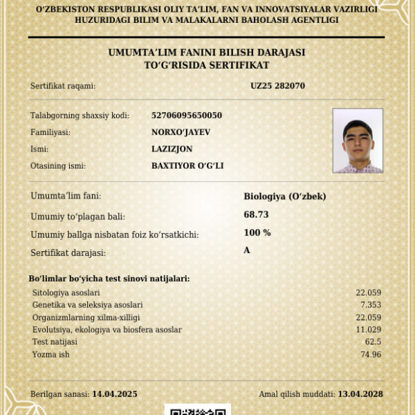 Qashqadaryoda 10-sinf oʻquvchisi kimyo va biologiya fanlaridan A+ darajasini oldi