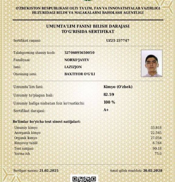 Qashqadaryoda 10-sinf oʻquvchisi kimyo va biologiya fanlaridan A+ darajasini oldi