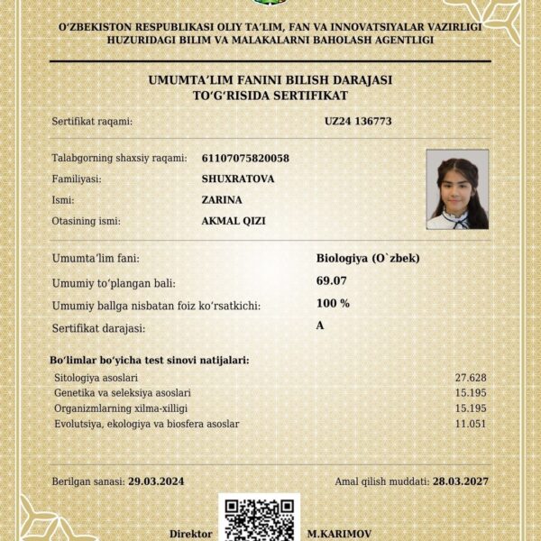 Navoiylik oʻquvchi qiz muddatidan avval kirish imtihonlarida maksimal 189 ballni yigʻdi