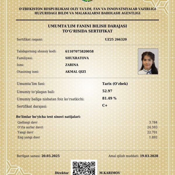 Navoiylik oʻquvchi qiz muddatidan avval kirish imtihonlarida maksimal 189 ballni yigʻdi