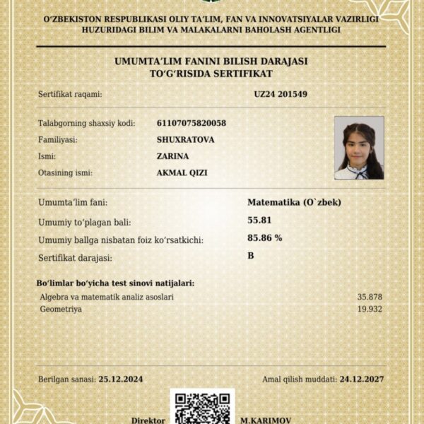 Navoiylik oʻquvchi qiz muddatidan avval kirish imtihonlarida maksimal 189 ballni yigʻdi