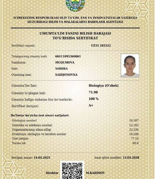 Buxoroda 9-sinf oʻquvchi qiz biologiya fanidan A+ darajasini oldi