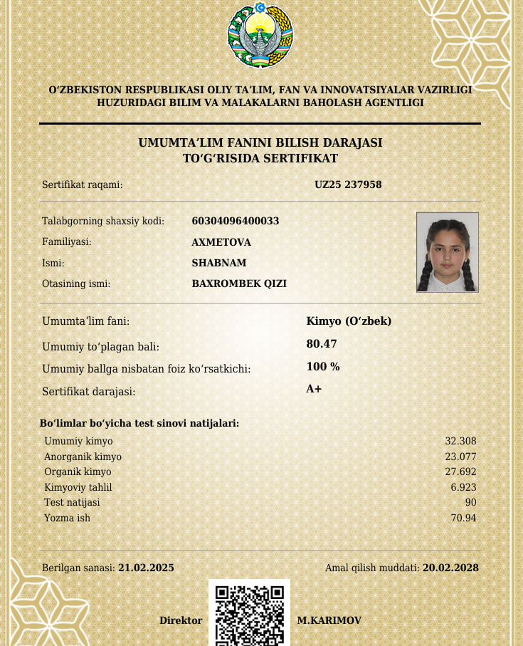 Sirdaryoda 9-sinf oʻquvchi qiz kimyo fanidan A+ darajasini oldi