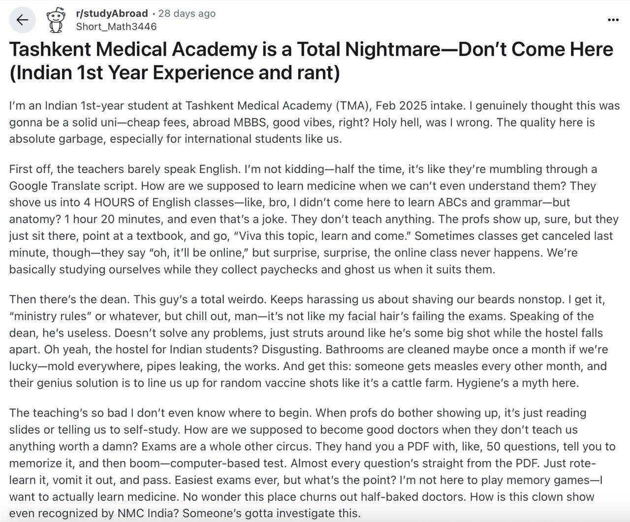 "Real muammolar yechimsiz qolmoqda" – Toshkent tibbiyot akademiyasi xorijlik talabalari nimadan norozi?