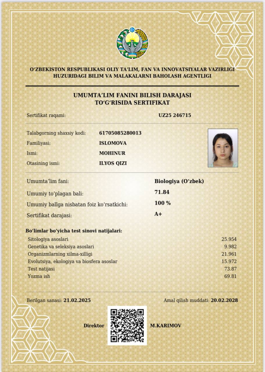 Buxoroda 11-sinf o‘quvchisi kimyo va biologiya fanlaridan A+ sertifikatiga ega bo‘ldi