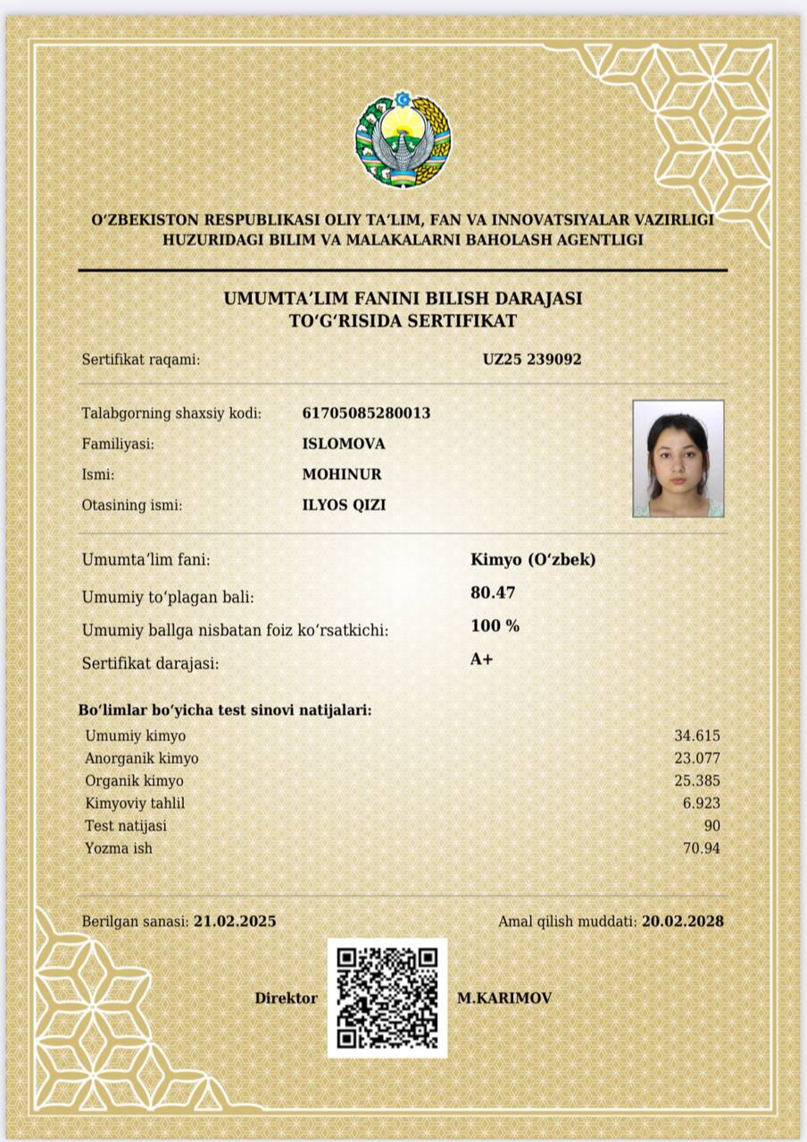 Buxoroda 11-sinf o‘quvchisi kimyo va biologiya fanlaridan A+ sertifikatiga ega bo‘ldi